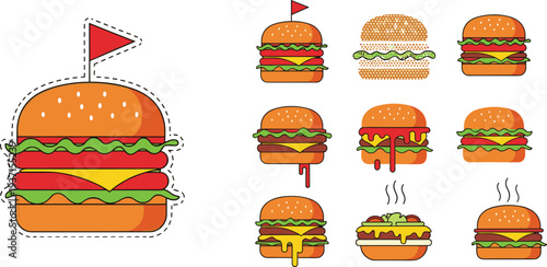 Collection of cartoon hamburger icons with cheese, lettuce and sauce, fast food burger 