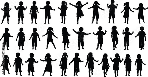 Collection of children silhouettes in different poses, boys and girls playing, jumping and standing, black kids shadow set isolated for education and childhood concept