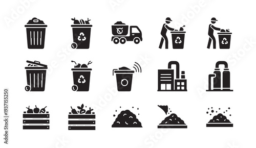 Black icons depicting waste management and recycling processes