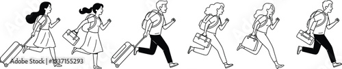 People running with luggage illustration set, travelers rushing to airport, business trip concept, travel rush characters vector