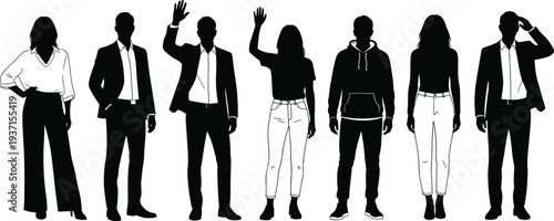 Full length silhouettes of diverse business people and casual men and women waving hello or goodbye isolated on white background