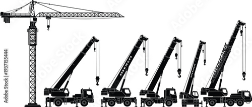 Construction crane set silhouette including tower crane and mobile truck cranes with hooks, heavy lifting industrial equipment collection isolated on light background