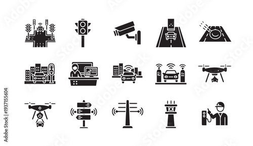Smart city transportation icons with drones and traffic management
