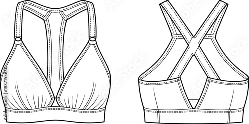 Women’s strappy sports bra technical fashion sketch front and back view, athletic activewear bra design template, fitness workout apparel line drawing illustration
