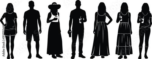 Full length silhouettes of diverse men and women standing and holding drinks or coffee cups isolated on white background vector