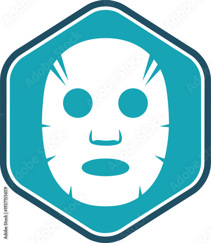 Facial sheet mask beauty icon inside hexagon geometric badge modern skincare treatment symbol minimal vector illustration for cosmetic and spa design