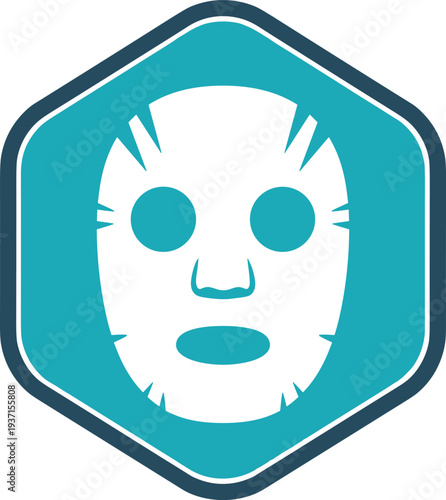 Facial sheet mask skincare icon inside hexagon geometric badge modern beauty treatment symbol minimal vector illustration for cosmetic and spa design