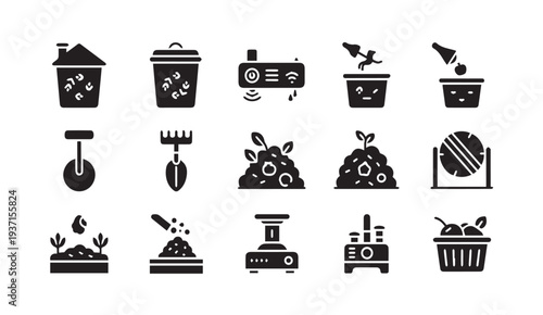 Black icons of sustainable living concepts on white background