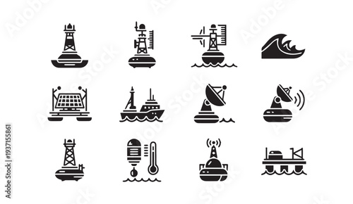 Collection of modern offshore oil rig and marine navigation icons