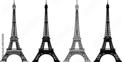 Eiffel Tower silhouette collection with detailed Paris landmark vector illustrations set isolated on white background, iconic French architecture symbol, travel destination design element