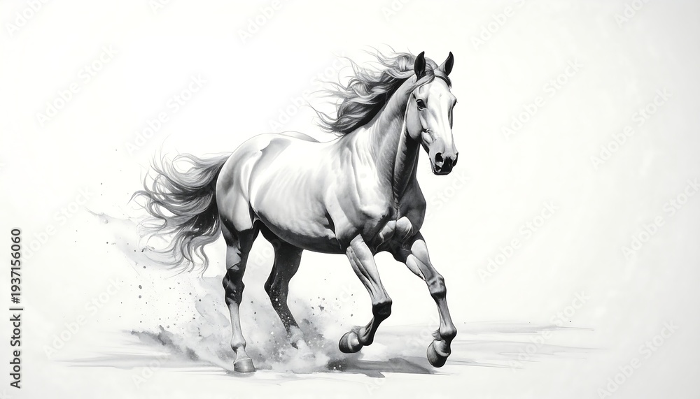 Obraz premium A white horse gallops dynamically against a white backdrop, illustrated with intricate shading details