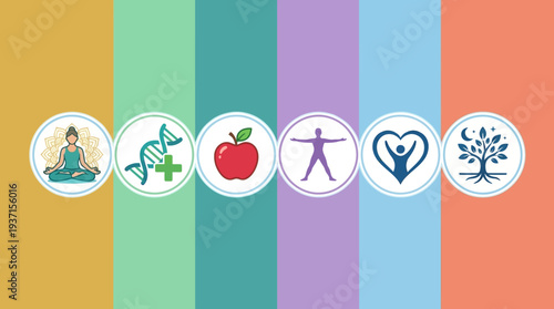 Healthy Living Icons on Colorful Stripes Background.