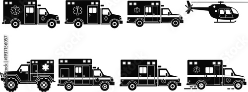 Emergency ambulance vehicles and medical rescue helicopter silhouette set, emergency transport icons collection for healthcare, paramedic service, rescue operations and emergency response design