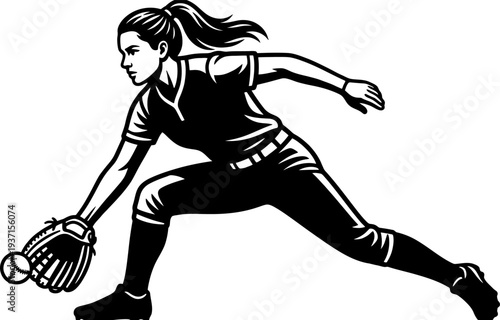 Softball player woman fielding catch with glove silhouette