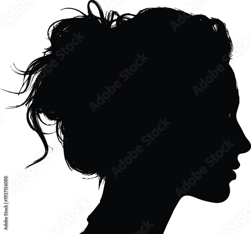 Female head silhouette profile with messy hair bun, black and white woman portrait shadow illustration isolated for avatar, beauty, fashion, and identity concept