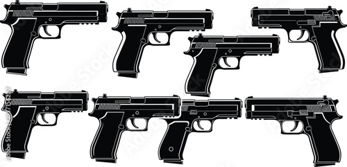 Handgun pistol silhouettes collection set isolated on white background, modern semi automatic firearms vector illustration, weapon equipment concept for security, defense, military and law enforcement