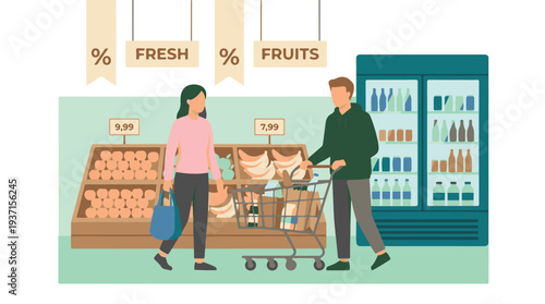 Customers shopping for fresh produce and groceries in a supermarket aisle