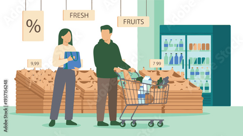 Couple shopping for groceries in supermarket, fresh produce and drinks
