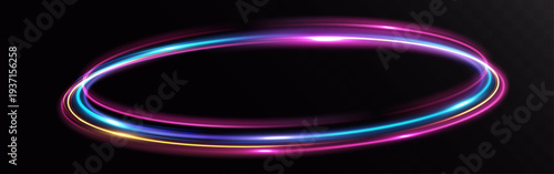 Glowing multicolor light ring with dynamic luminous trails isolated on black background
