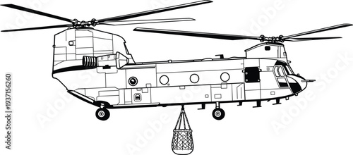 Heavy lift transport helicopter carrying cargo net load, detailed tandem rotor aircraft line illustration isolated on white background for aviation, rescue and logistics design