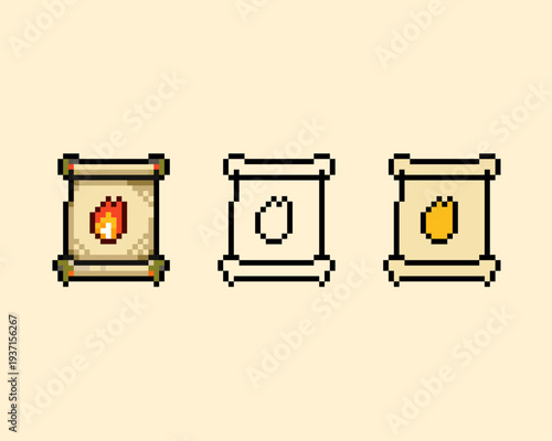 Pixel Art Fire Magic Scroll Spell Parchment RPG Icon Set. Ideal for RPG quest items, spellbook inventory icons, and fantasy game assets