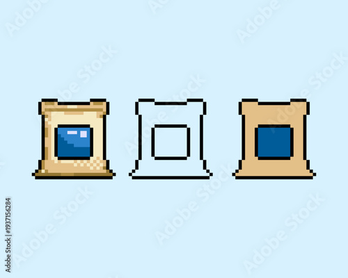Pixel Art Flour Sack Set Bakery and Kitchen Game Asset Styles. Perfect for cooking simulators, bakery shop UI icons, and retro food themed digital designs
