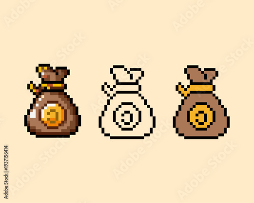 Collection of pixel art money bags featuring a gold coin icon. Includes detailed shaded, flat color, and line art versions