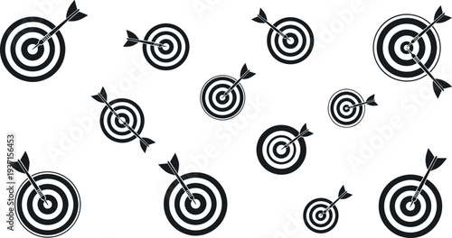 Target Arrow Bullseye Icon Set with Aim Goal and Achievement Symbols for Business Strategy, Marketing Objectives, and Success Concept Design