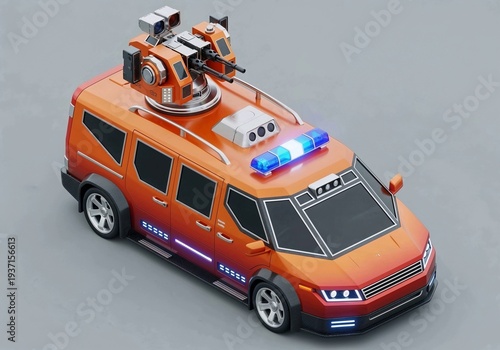 Futuristic orange surveillance vehicle with mounted cameras and lights  