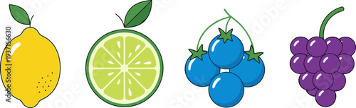 Fresh Fruit Icon Set Featuring Lemon, Lime Slice, Blueberries and Grapes for Healthy Food Design and Organic Nutrition Illustration