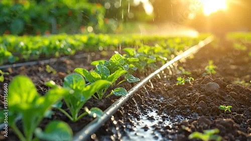 Rows of young green plants being watered by a drip irrigation system in a field