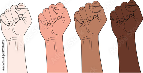 Raised fist diversity illustration set, different skin tone hands symbolizing unity, protest power gesture vector social justice concept