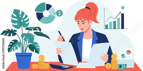 Businesswoman Analyzing Financial Data and Reports Vector Illustration