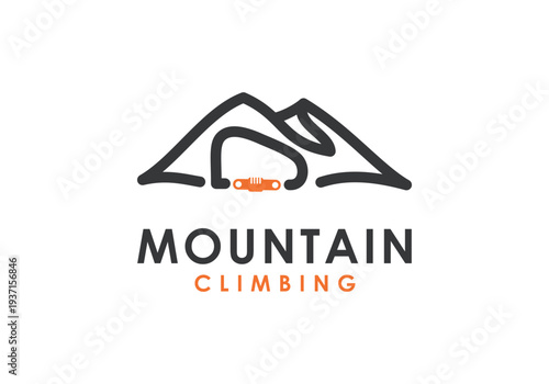 Mountain Climbing Logo Design with Carabiner and Peaks.