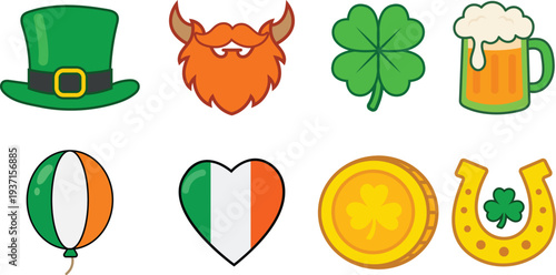 St Patricks Day celebration icons featuring traditional symbols and festive items