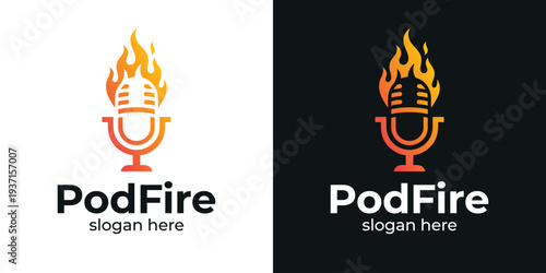 PodFire Logo Design Podcast Microphone with Flames Modern Branding.