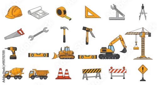 Construction Tools, Heavy Machinery & Safety Equipment Icons Set. Building Site, Architect Supplies, Hand Tools & Industrial Vehicles Vector Collection.