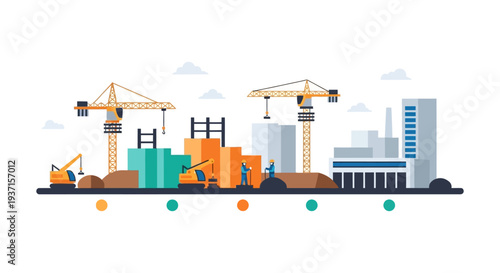 Urban Construction Site Development: Flat Design Illustration with Cranes, Workers & Buildings