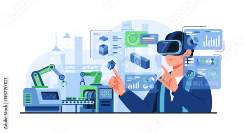 Man in VR/AR Headset Interacting with Virtual Elements, Controlling Automated Factory Processes. Industry 4.0, Digital Manufacturing & Smart Technology.