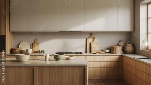 Modern Kitchen Interior With Wooden Cabinets And White Countertops For Home Decor Concepts
