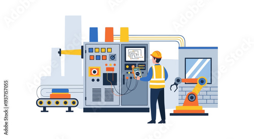 Industrial Automation Engineer Operating Smart Factory Control Panel with Robotic Arm and Production Line Illustration
