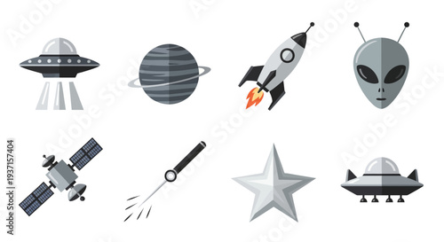 Space exploration icons: ufos rockets planets and alien heads in flat