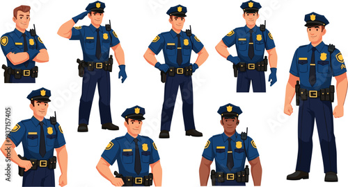 Cartoon Police Officer Character Set with Different Poses, Law Enforcement Uniform, Security Guard Illustration Collection for Safety, Authority, and Public Protection