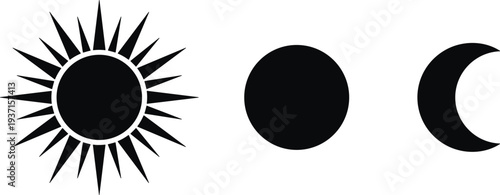 sun moon silhouette vector set, solar and lunar celestial icons, simple astronomy symbols, sunburst circle and crescent moon shapes