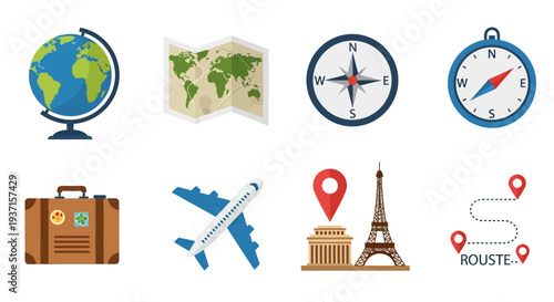 Travel icons set: globe map compass luggage airplane eiffel tower