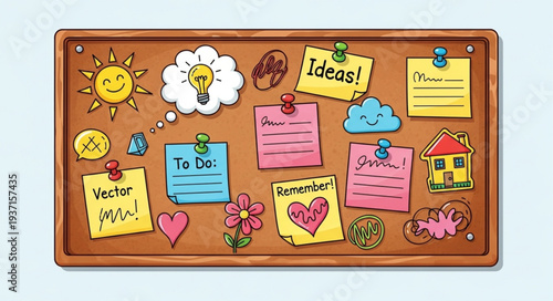 Colorful Bulletin Board with Notes and Drawings.