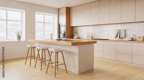 Modern Kitchen Interior With White Cabinets And Wooden Island For Home Design Concepts