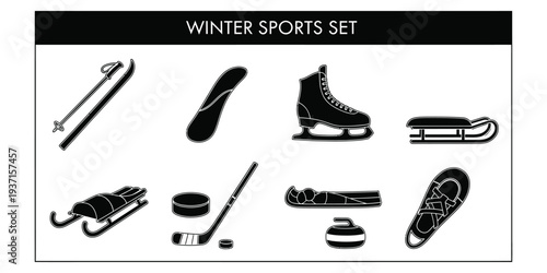 Collection of winter sports equipment icons displayed on a clean white background