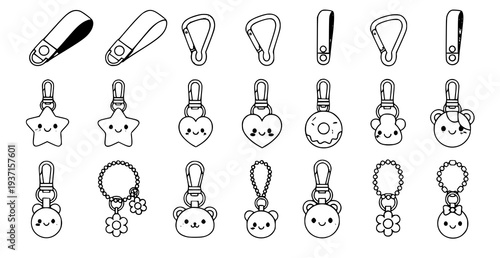 A set of cute cartoon keychains and clips in a simple line art style