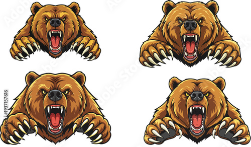 Set of 4 Aggressive Grizzly Bear Mascot Head Vector Illustrations